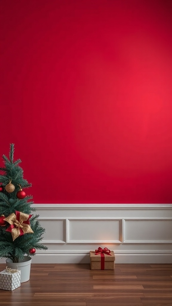 A room with deep red single color Christmas wallpaper, decorated with minimal holiday decor.
